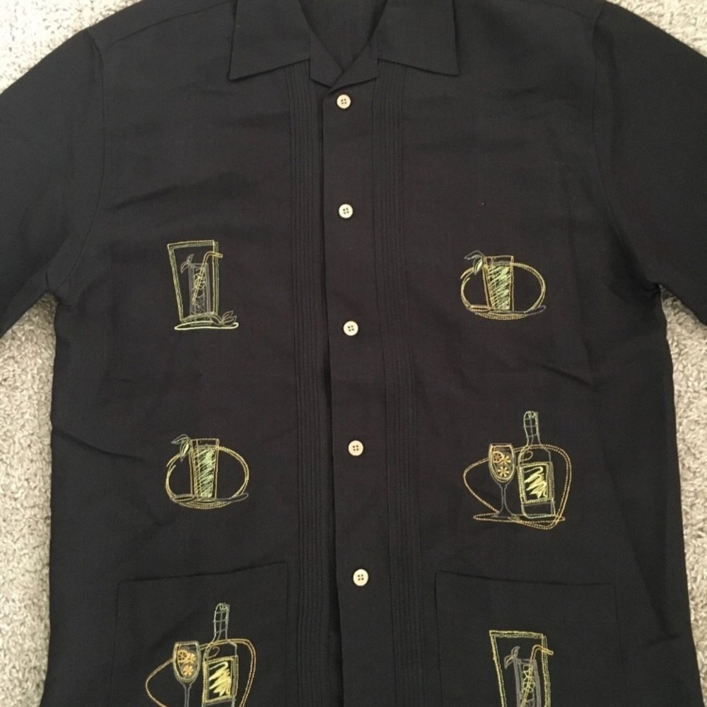 Black Embroidered Button-Up Shirt with Yellow-Green Beverage Motifs